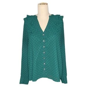 J. Crew Teal Ruffle V-Neck Blouse